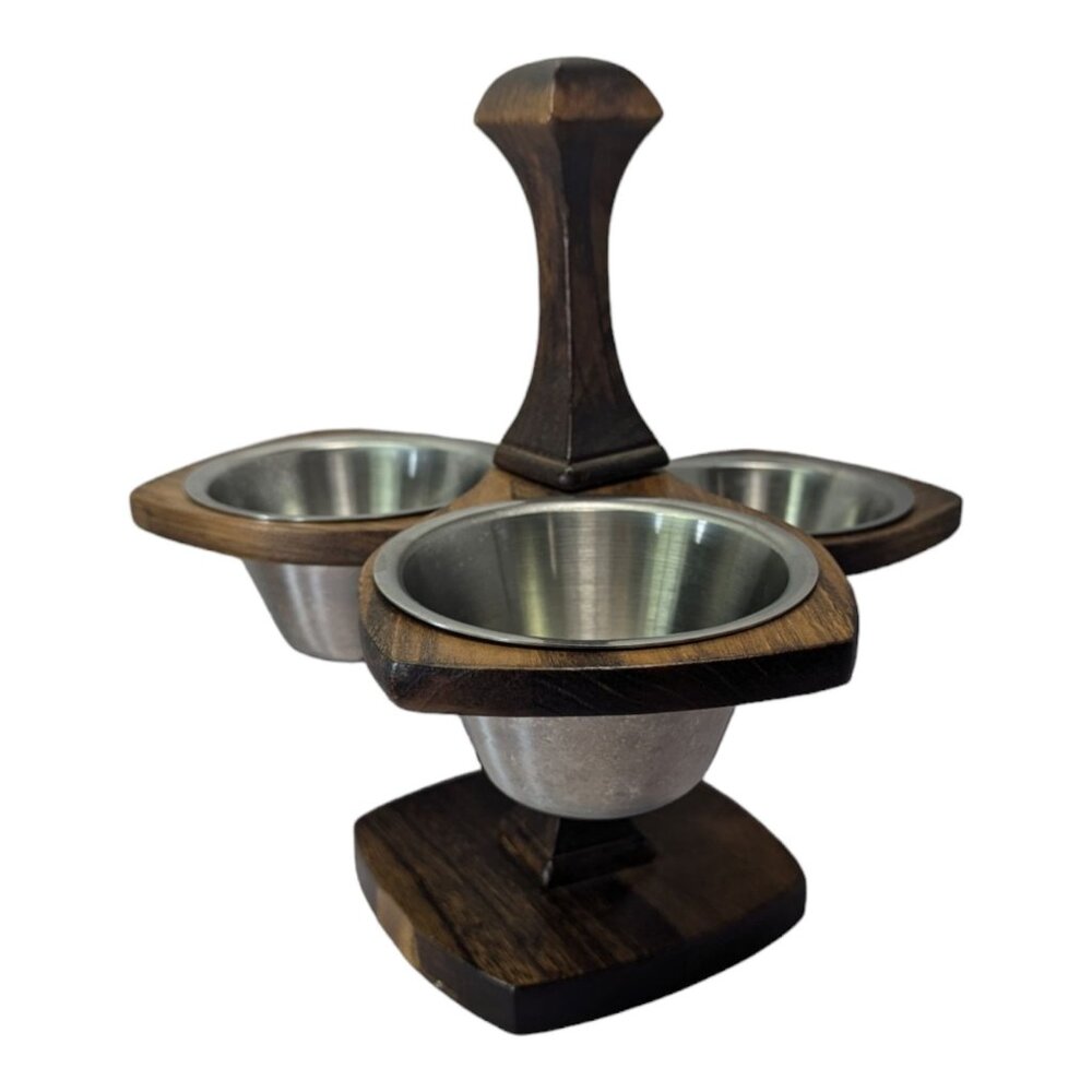 Vintage Rustic Wooden Condiment Stand with three stainless bowl inserts MCM Retr